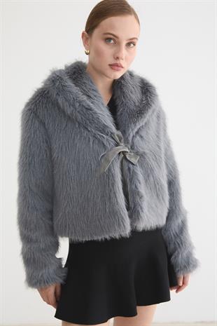 Kadın Garni Deri Fiyonk Detaylı Kürk GRİ