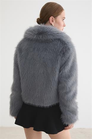 Kadın Garni Deri Fiyonk Detaylı Kürk GRİ