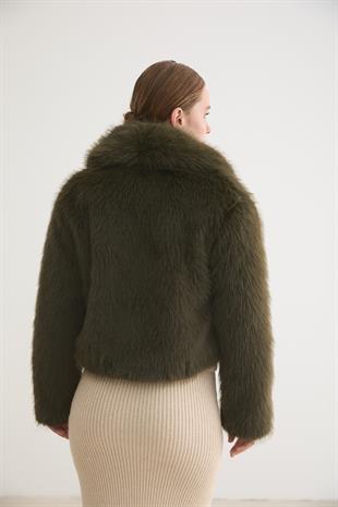 Kadın Garni Deri Fiyonk Detaylı Kürk HAKİ