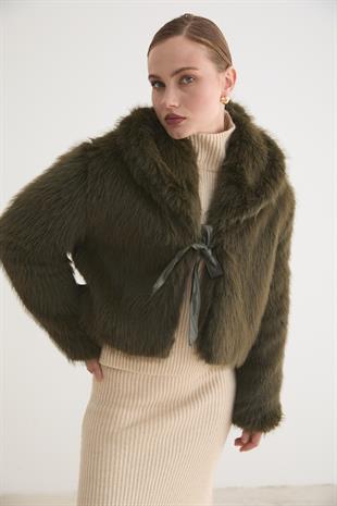 Kadın Garni Deri Fiyonk Detaylı Kürk HAKİ