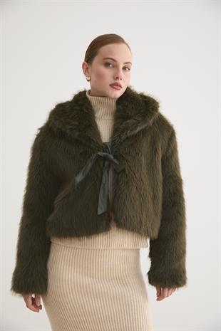 Kadın Garni Deri Fiyonk Detaylı Kürk HAKİ