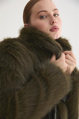 Kadın Garni Deri Fiyonk Detaylı Kürk HAKİ