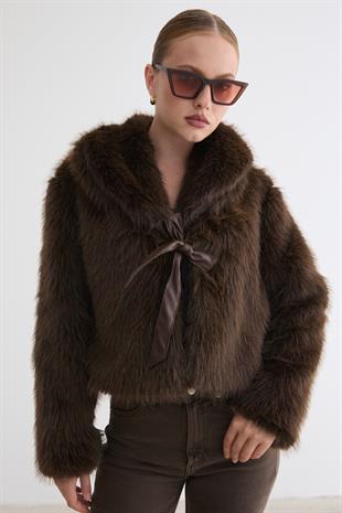 Kadın Garni Deri Fiyonk Detaylı Kürk KAHVE