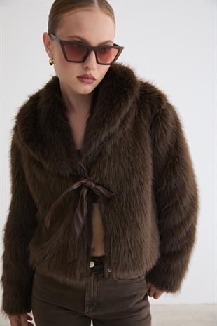 Kadın Garni Deri Fiyonk Detaylı Kürk KAHVE