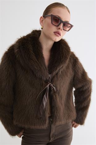 Kadın Garni Deri Fiyonk Detaylı Kürk KAHVE