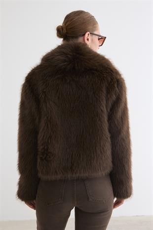 Kadın Garni Deri Fiyonk Detaylı Kürk KAHVE