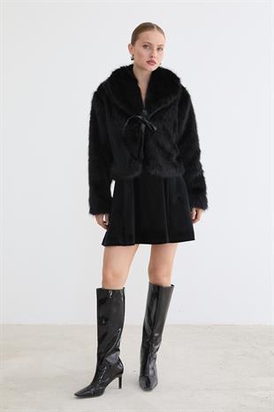 Kadın Garni Deri Fiyonk Detaylı Kürk SİYAH