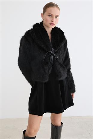 Kadın Garni Deri Fiyonk Detaylı Kürk SİYAH