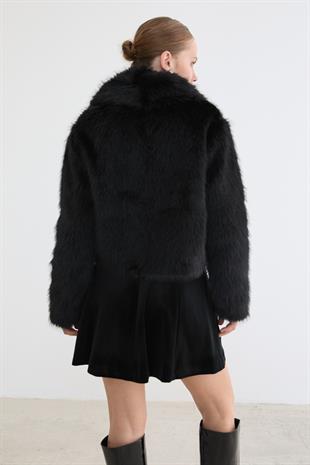 Kadın Garni Deri Fiyonk Detaylı Kürk SİYAH