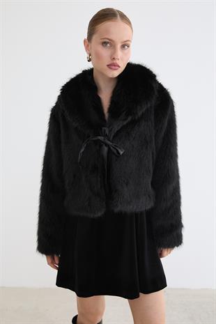 Kadın Garni Deri Fiyonk Detaylı Kürk SİYAH