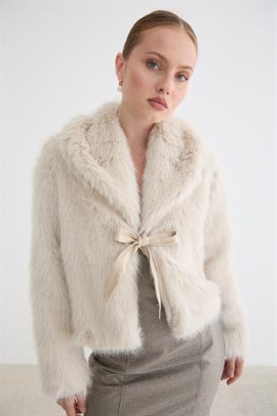 Kadın Garni Deri Fiyonk Detaylı Kürk TAŞ