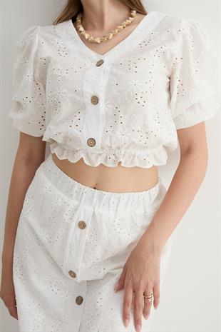 Kadın Garni Terrycotton Detaylı Dantelli Bluz BEYAZ