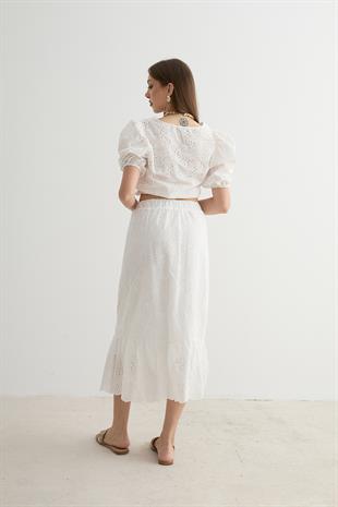 Kadın Garni Terrycotton Detaylı Dantelli Bluz BEYAZ