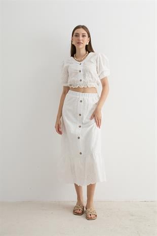 Kadın Garni Terrycotton Detaylı Dantelli Bluz BEYAZ