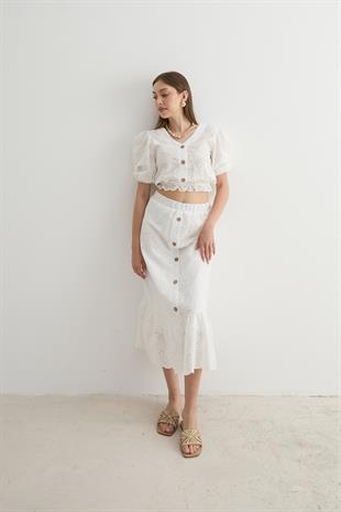 Kadın Garni Terrycotton Detaylı Dantelli Etek BEYAZ