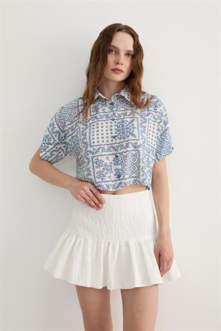 Kadın Kısa Kollu Desenli Modal Gömlek MAVİ