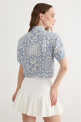 Kadın Kısa Kollu Desenli Modal Gömlek MAVİ