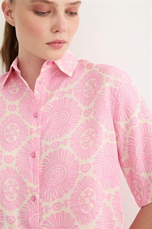 Kadın Kısa Kollu Desenli Modal Gömlek PEMBE