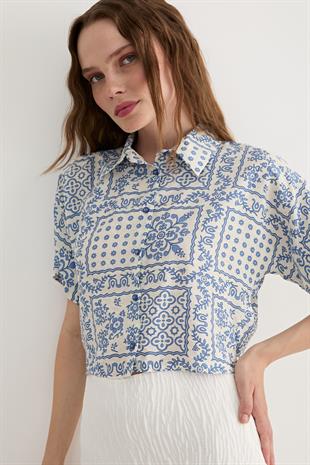 Kadın Kısa Kollu Desenli Modal Gömlek MAVİ