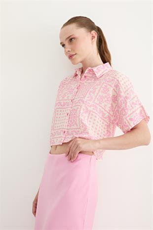 Kadın Kısa Kollu Desenli Modal Gömlek PEMBE