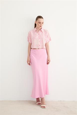 Kadın Kısa Kollu Desenli Modal Gömlek PEMBE