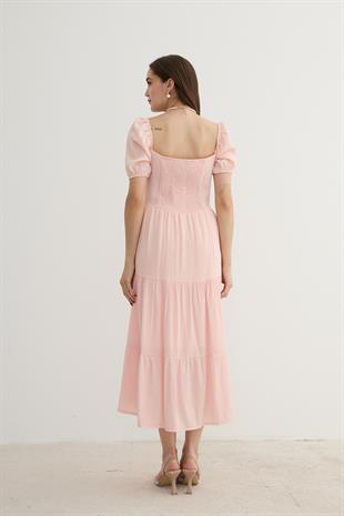 Kadın Kısa Kollu Düğme Detaylı Midi Elbise PEMBE