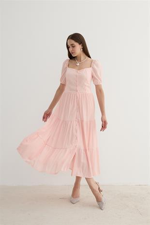 Kadın Kısa Kollu Düğme Detaylı Midi Elbise PEMBE