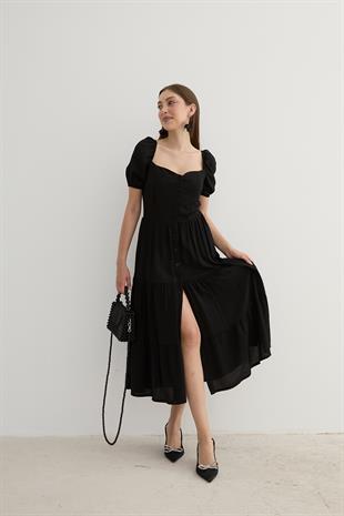 Kadın Kısa Kollu Düğme Detaylı Midi Elbise SİYAH