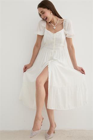 Kadın Kısa Kollu Düğme Detaylı Midi Elbise BEYAZ