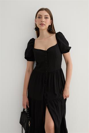 Kadın Kısa Kollu Düğme Detaylı Midi Elbise SİYAH