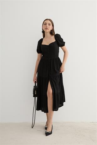 Kadın Kısa Kollu Düğme Detaylı Midi Elbise SİYAH