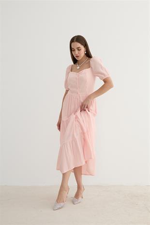 Kadın Kısa Kollu Düğme Detaylı Midi Elbise PEMBE