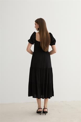 Kadın Kısa Kollu Düğme Detaylı Midi Elbise SİYAH