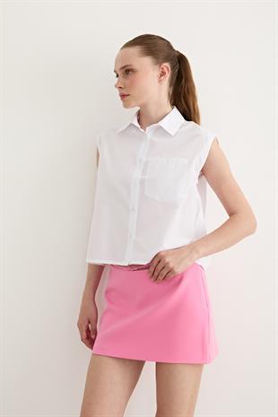 Kadın Kolsuz Cep Detaylı Gömlek BEYAZ