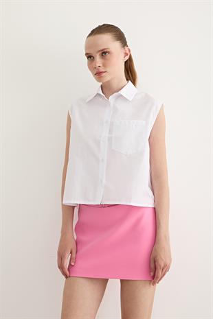 Kadın Kolsuz Cep Detaylı Gömlek BEYAZ