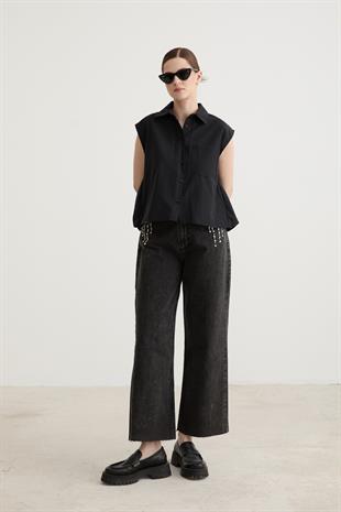 Kadın Kolsuz Cep Detaylı Gömlek SİYAH