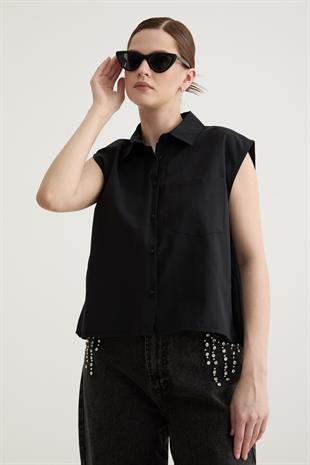 Kadın Kolsuz Cep Detaylı Gömlek SİYAH