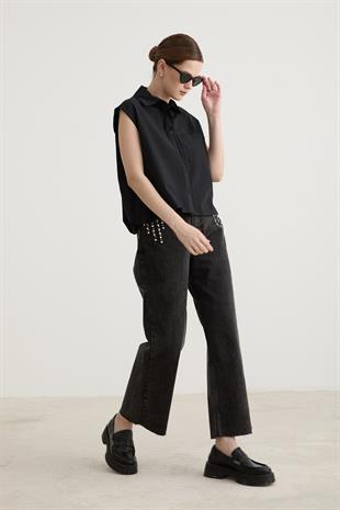 Kadın Kolsuz Cep Detaylı Gömlek SİYAH