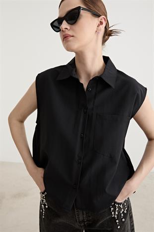 Kadın Kolsuz Cep Detaylı Gömlek SİYAH