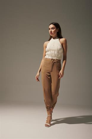 Womens Button Detail Fabric Pants BISCUIT