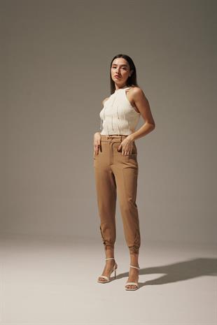 Womens Button Detail Fabric Pants BISCUIT