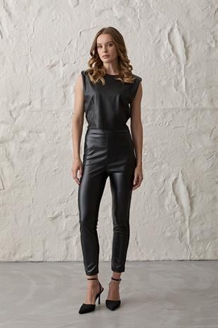 Kadın Lastikli Uzun Deri Pantolon SİYAH
