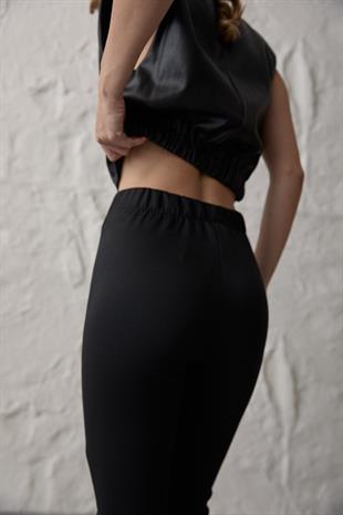 Kadın Lastikli Uzun Deri Pantolon SİYAH