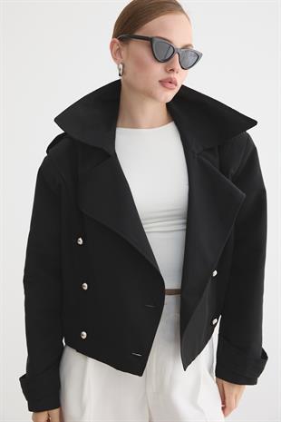 Kadın Metal Düğmeli Trençkot SİYAH