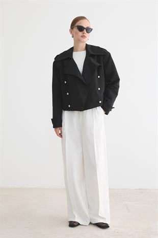 Kadın Metal Düğmeli Trençkot SİYAH