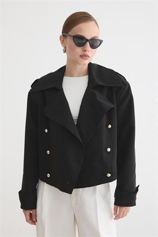 Kadın Metal Düğmeli Trençkot SİYAH