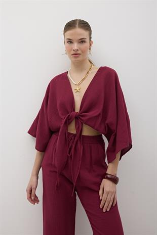 Kadın Müslin Bağlamalı Bluz BORDO