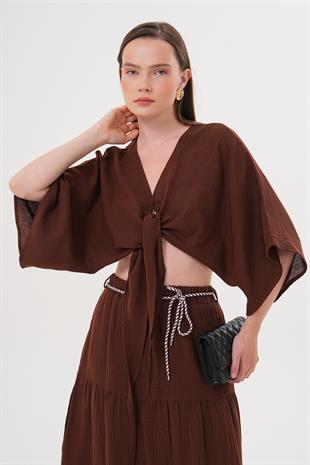 Kadın Müslin Bağlamalı Bluz KAHVE
