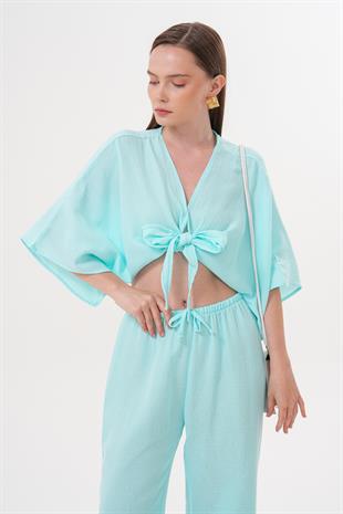 Kadın Müslin Bağlamalı Bluz MAVİ