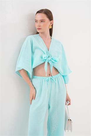 Kadın Müslin Bağlamalı Bluz MAVİ